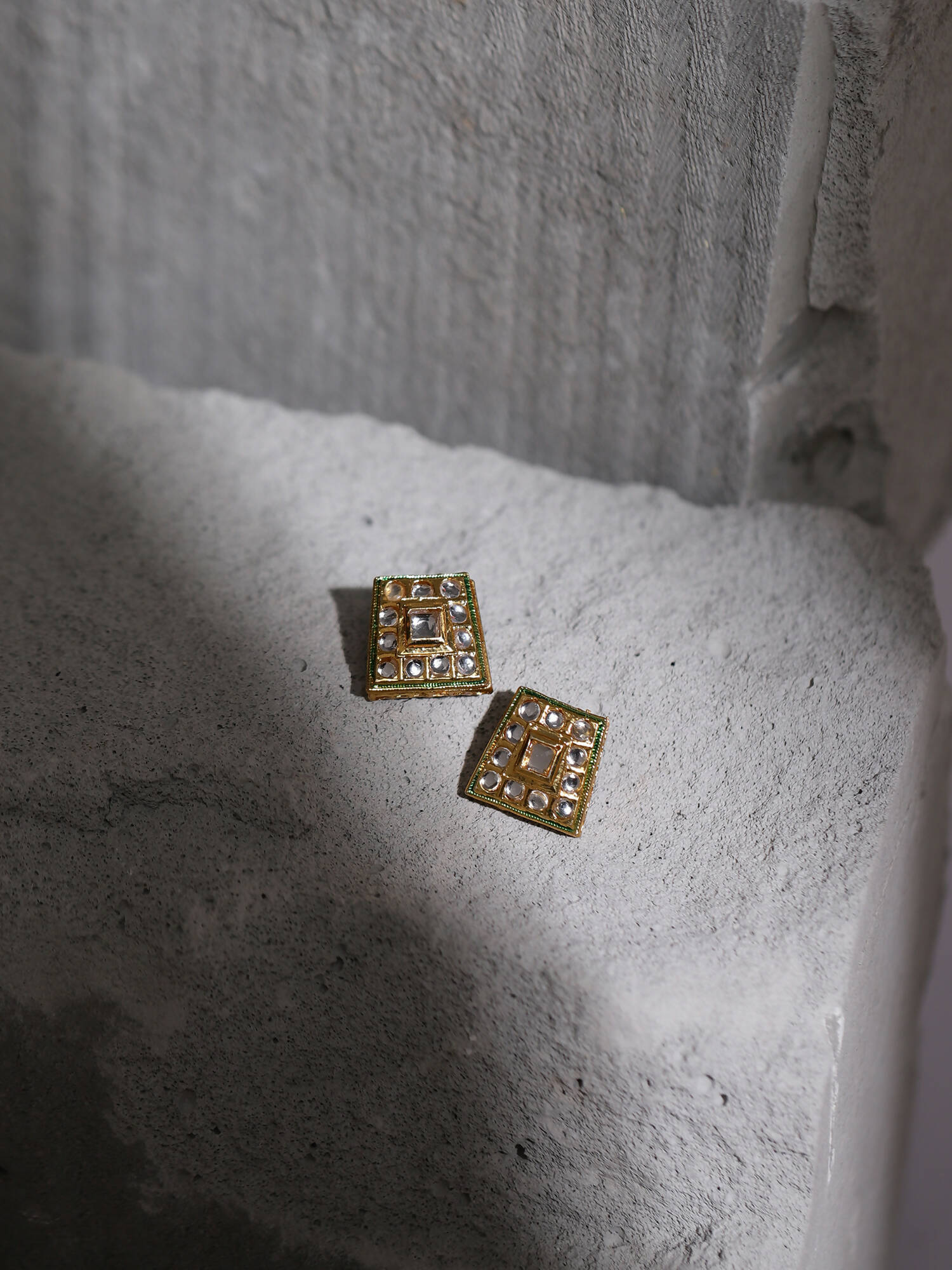 Gold-Toned White Kundan Square Shaped Gold-Polished Studs Earrings - Ruby Raang | Grocsy