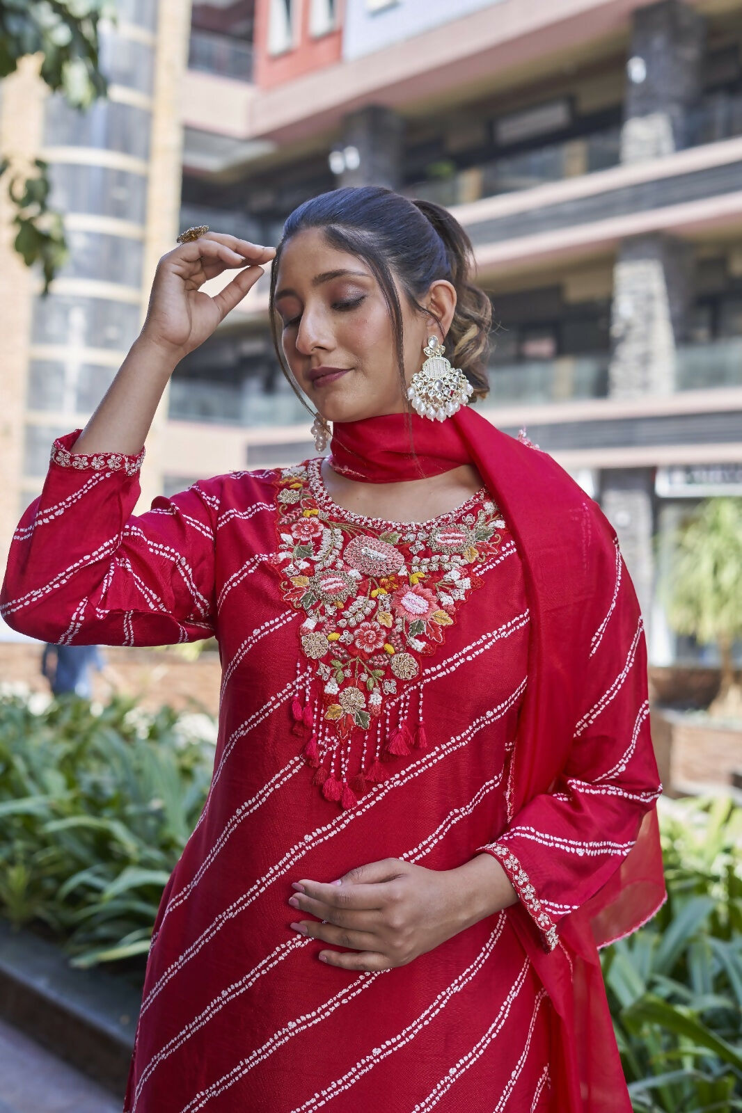 Joban Fashion Red Premium Pure Viscose Print Dola With Handwork Kurta Set | Grocsy