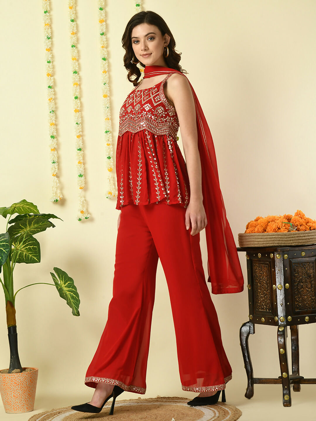 Myshka Women's Red Georgette Top & Palazzos With Dupatta Party Sets | Grocsy