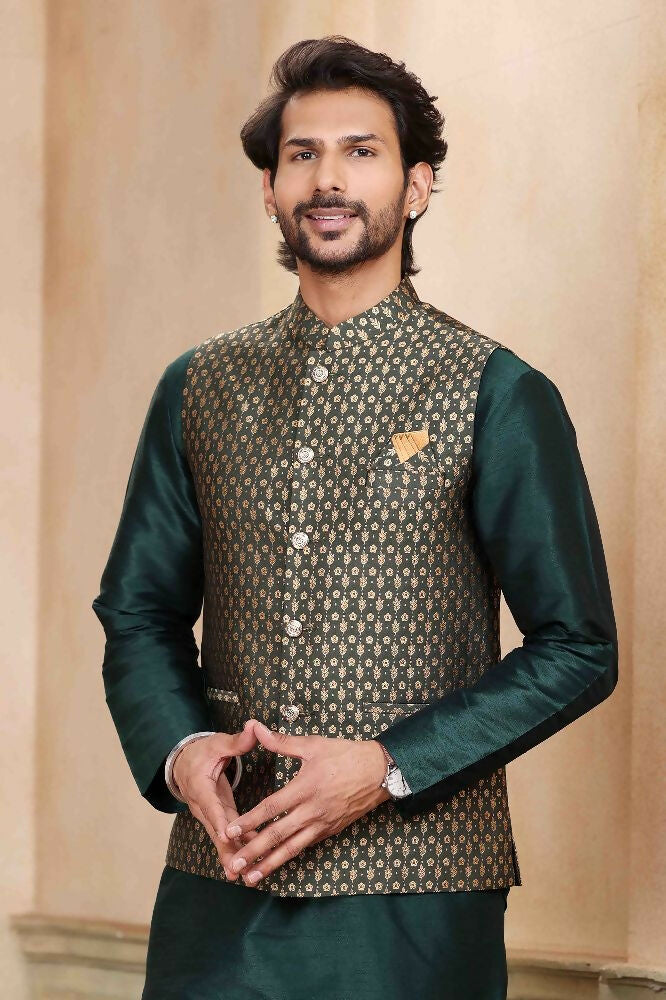 Raivat Ethnic Jacquard Banarasi Silk Woven Work 3 Pics Jacket Set In Green Colour | Grocsy