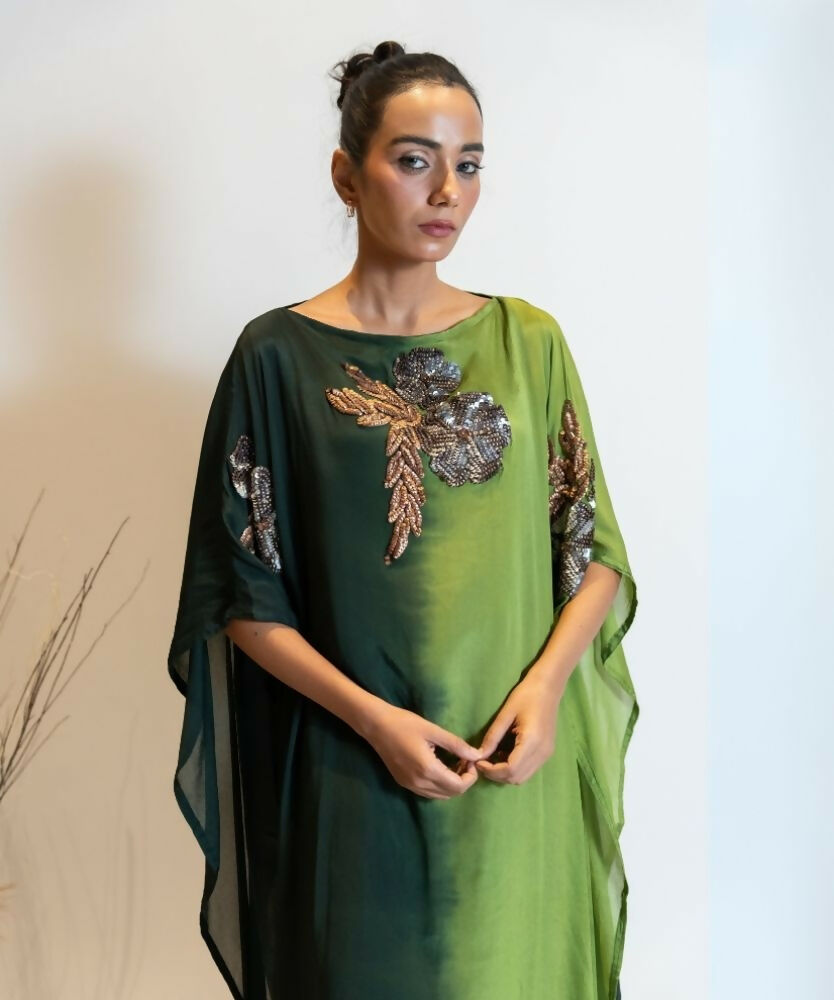Timaraa Forest Green Ombre Embellished Georgette Kaftan Dress | Grocsy