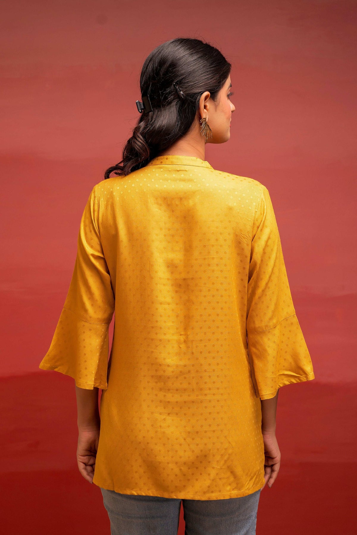 Juniper Mustard Polka Dot Viscose Tunic With Thread Work, Mirror & Button Detailing | Grocsy