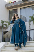 The52 Women's Beautiful Embroidery Work Vichitra Silk Fabric Flared Anarkali Pant and Dupatta Set | Grocsy