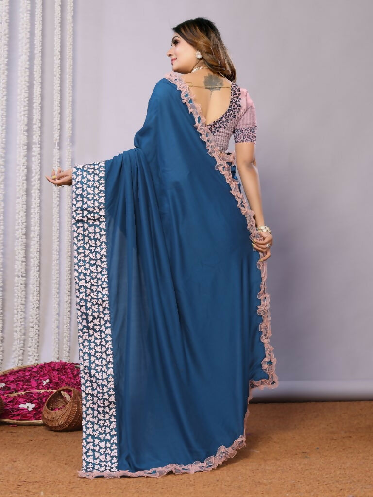 Teal Blue Silk Georgette Laser Cut Embroidery Wired Frills Saree - Norita Saumya | Grocsy
