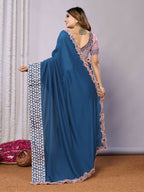 Teal Blue Silk Georgette Laser Cut Embroidery Wired Frills Saree - Norita Saumya | Grocsy