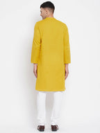 Even Apparels Yellow Pure Cotton Men's Sherwani Kurta With Asymetrical Cut | Grocsy