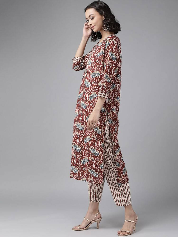 Yufta Women Maroon Pure Cotton Ethnic Motifs Printed Kurta with Palazzo & Dupatta | Grocsy
