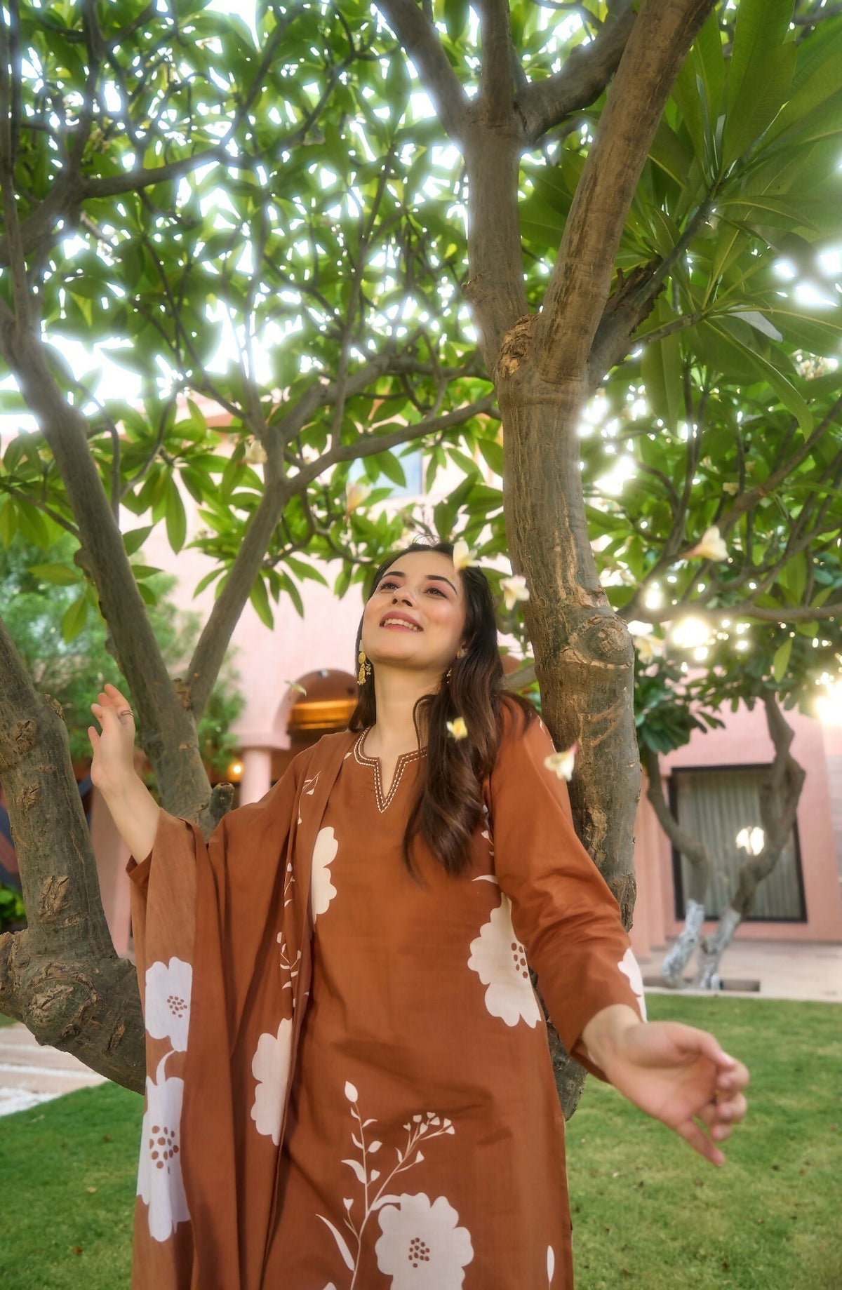 The52 Women's Gorgeous Printed Work Muslin Fabric Straight Kurta Pant and Dupatta Set-Brown | Grocsy
