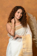 Very Much Indian Handloom Pure Cotton Linen Saree With Golden Border - White | Grocsy