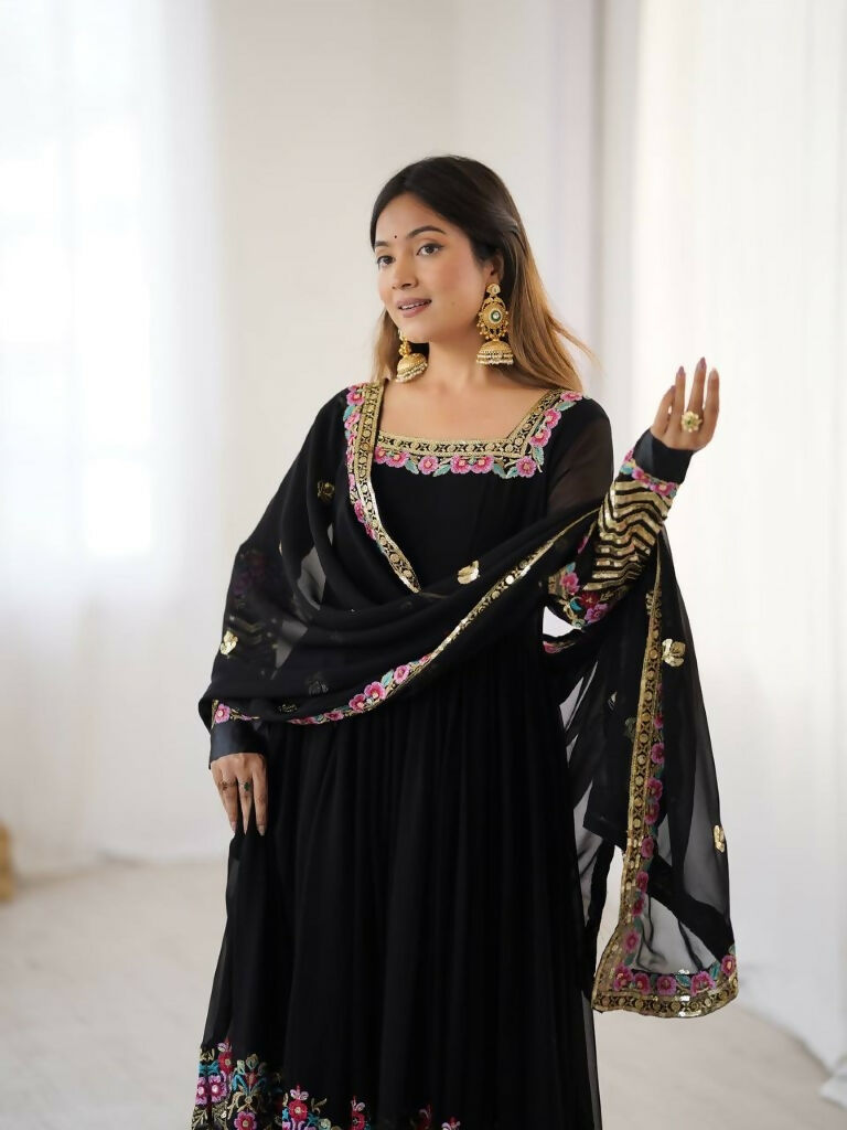 Teeya Creation Black Color Heavy Georgette Wedding Wear Embroidery Work Long Gown | Grocsy