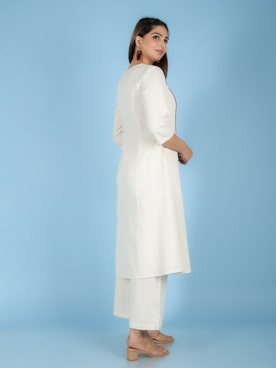 Aramya Cream Linen Cotton Solid Print A-line Kurta Set for Women | Grocsy