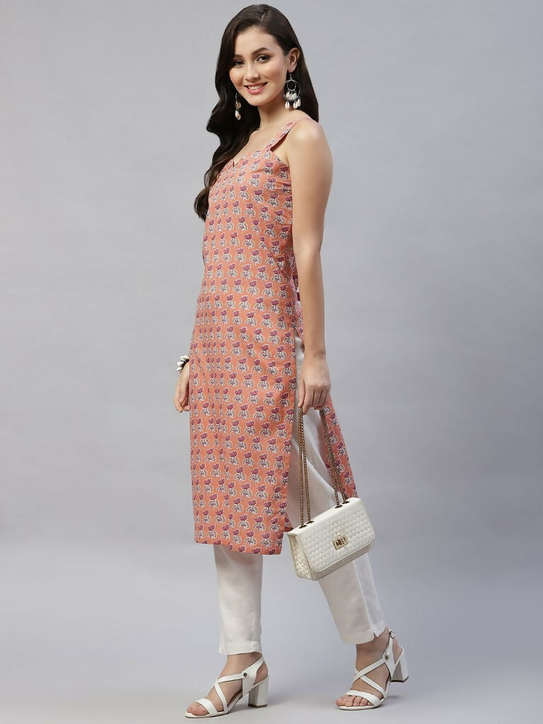 Miravan Women's Floral Printed Strappy Peach Straight Kurta | Grocsy