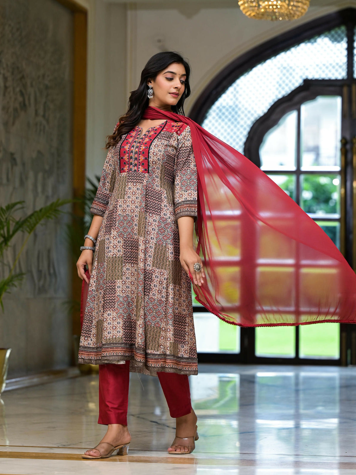 Juniper Women's Multi Color Ethnic Motif Printed Muslin Kurta Pant And Dupatta Set With Coins Thread & Mirror Work | Grocsy