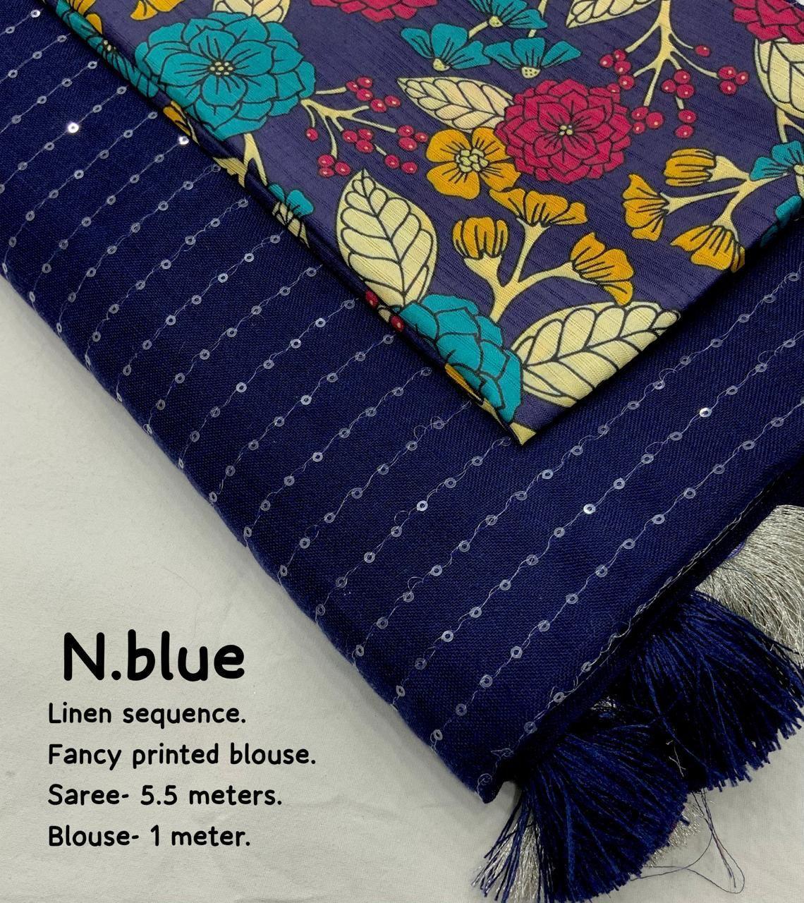 Nblue Linen Sequence Saree with Unstitched Blouse - Hiral Fashion | Grocsy