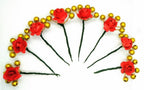 Red Rose Flower With Gold Beaded Hair Brooches (Set of 8 Brooches) | Grocsy