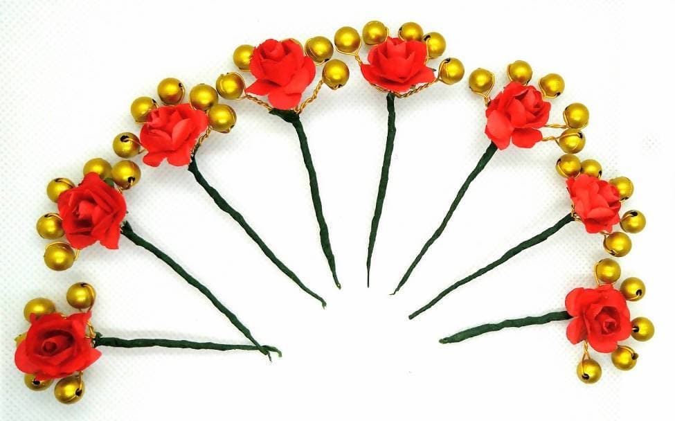 Red Rose Flower With Gold Beaded Hair Brooches (Set of 8 Brooches) | Grocsy