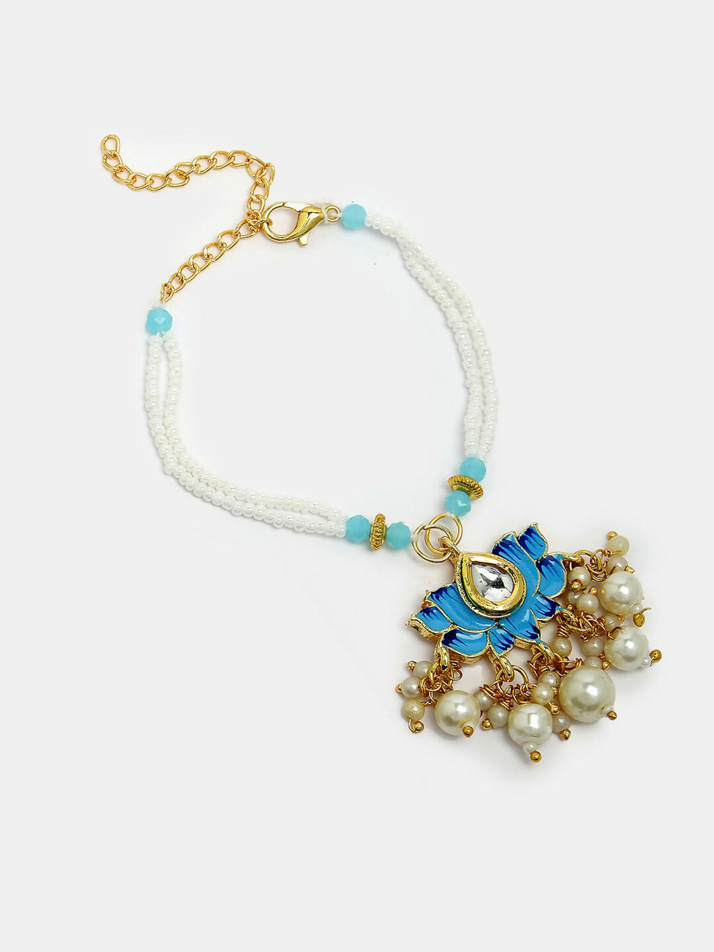NVR Women & Men Set of 2 Blue Lotus Shape Kundan-Studded & Beaded Handcrafted Wraparound Rakhi Set With Roli Chawal | Grocsy