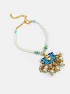 NVR Women & Men Set of 2 Blue Lotus Shape Kundan-Studded & Beaded Handcrafted Wraparound Rakhi Set With Roli Chawal | Grocsy