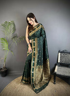 Joban Fashion Dark Green Banarasi Soft Silk Woven Saree | Grocsy