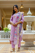 The52 Lavender Women's Gorgeous Embroidered work Viscose Gadhwal Fabric Straight Kurta, Pant and Dupatta Set | Grocsy