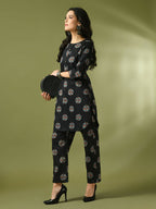 Myshka Women's Black Printed Cotton Round Neck Party Tunic With Trousers Co-ord set | Grocsy