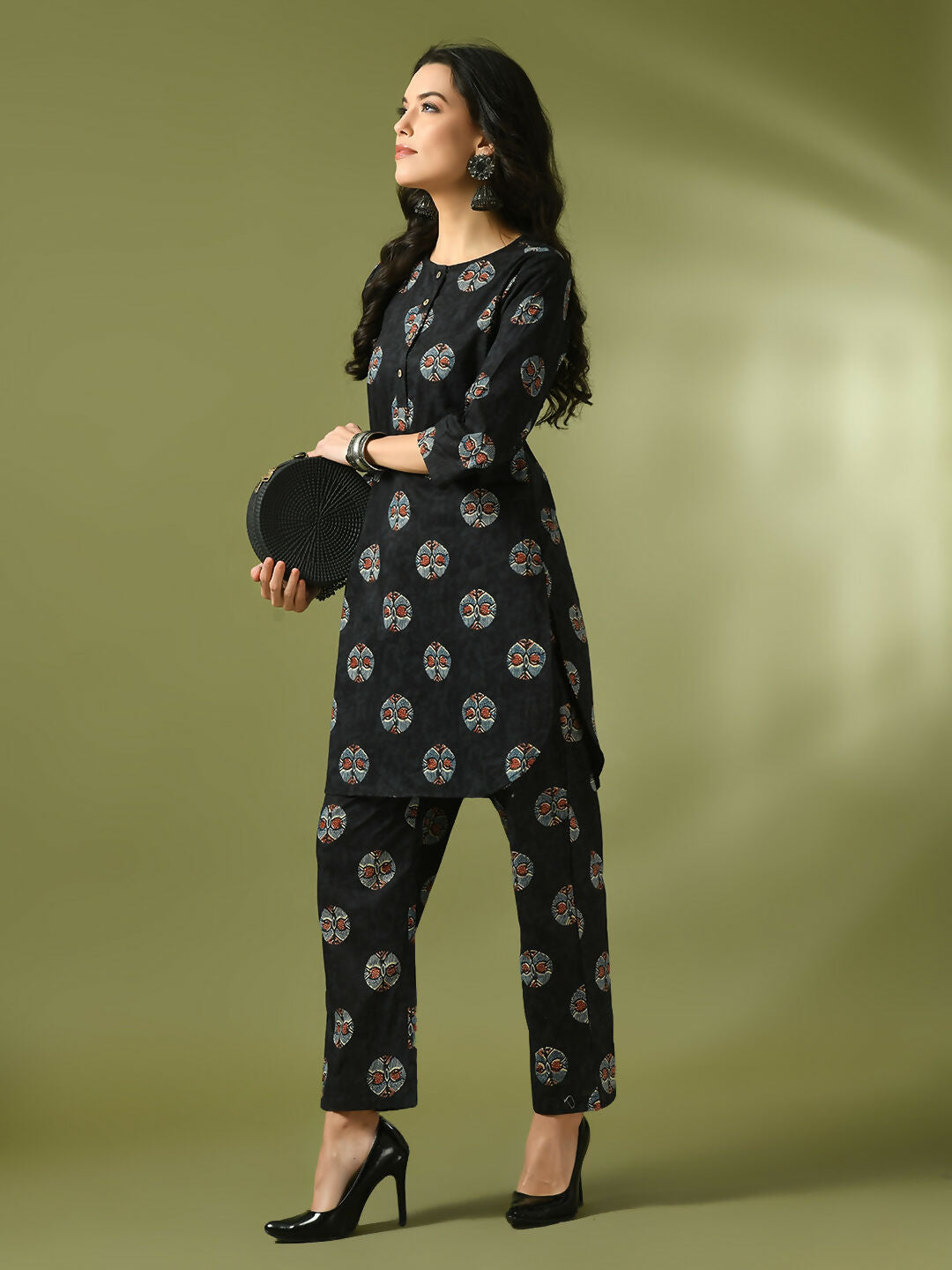 Myshka Women's Black Printed Cotton Round Neck Party Tunic With Trousers Co-ord set | Grocsy