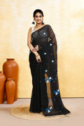 Piyari Fashion Women's Black Embellished Cotton Blend Embroidery Saree | Grocsy