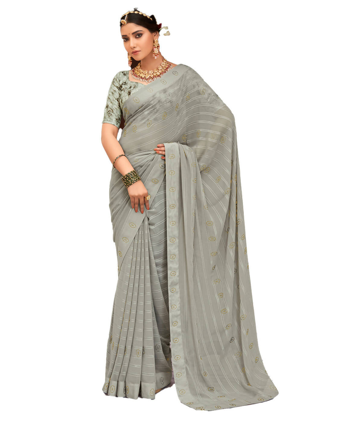 Grey Georgette Swaroski Work Saree With Unstitched Blouse Piece - Juhi | Grocsy