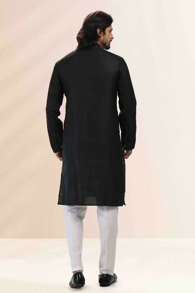 Raivat Ethnic Linen Cotton Pintux Work Kurta Pajama In Black Colour | Grocsy
