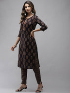 Yufta Women Navy Blue Sequinned Pure Cotton Kurta with Trouser | Grocsy