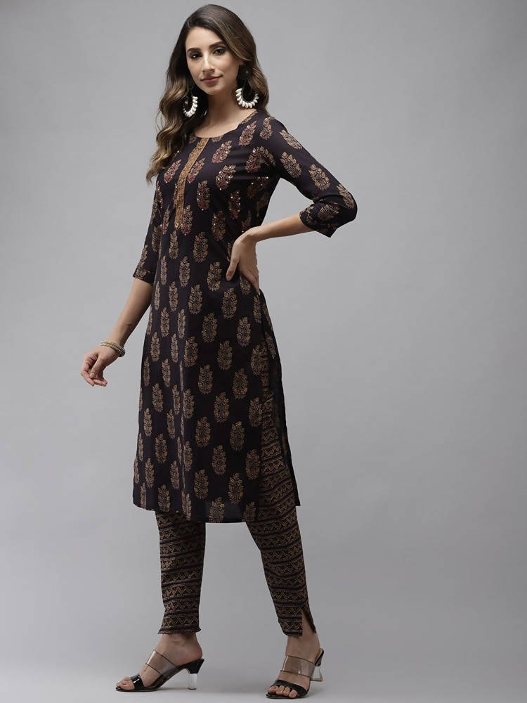 Yufta Women Navy Blue Sequinned Pure Cotton Kurta with Trouser | Grocsy
