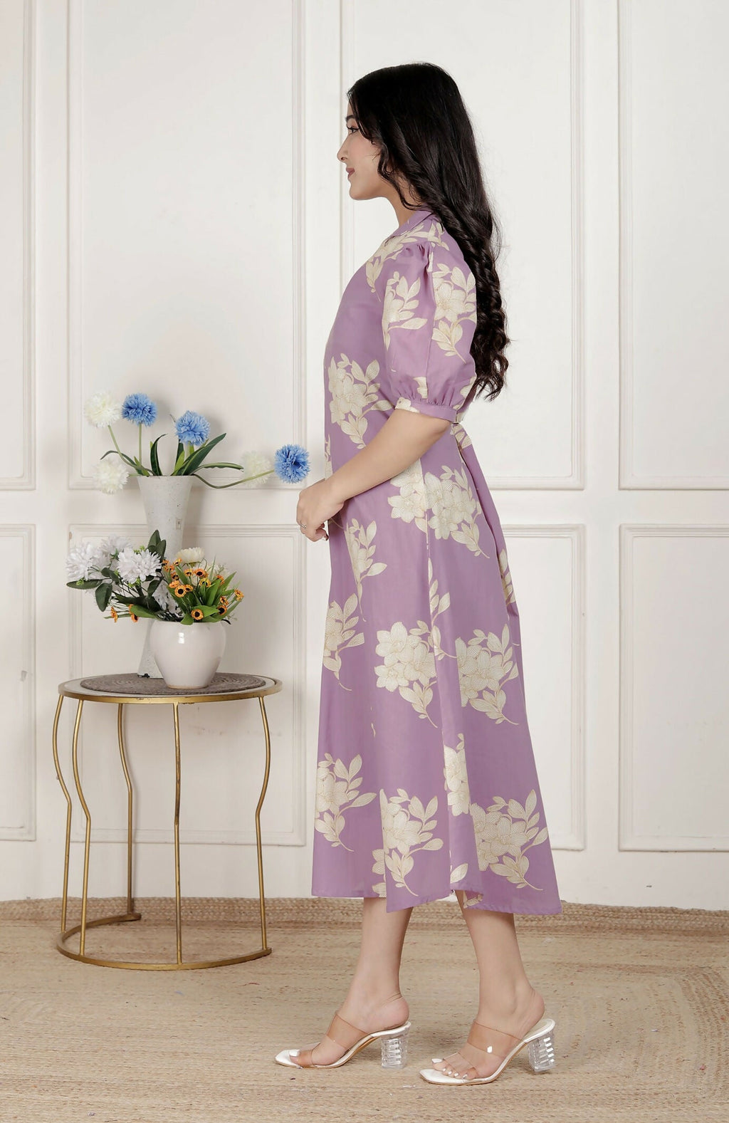 Miravan Womens Lavender Floral Printed A-Line Maxi Dress | Grocsy