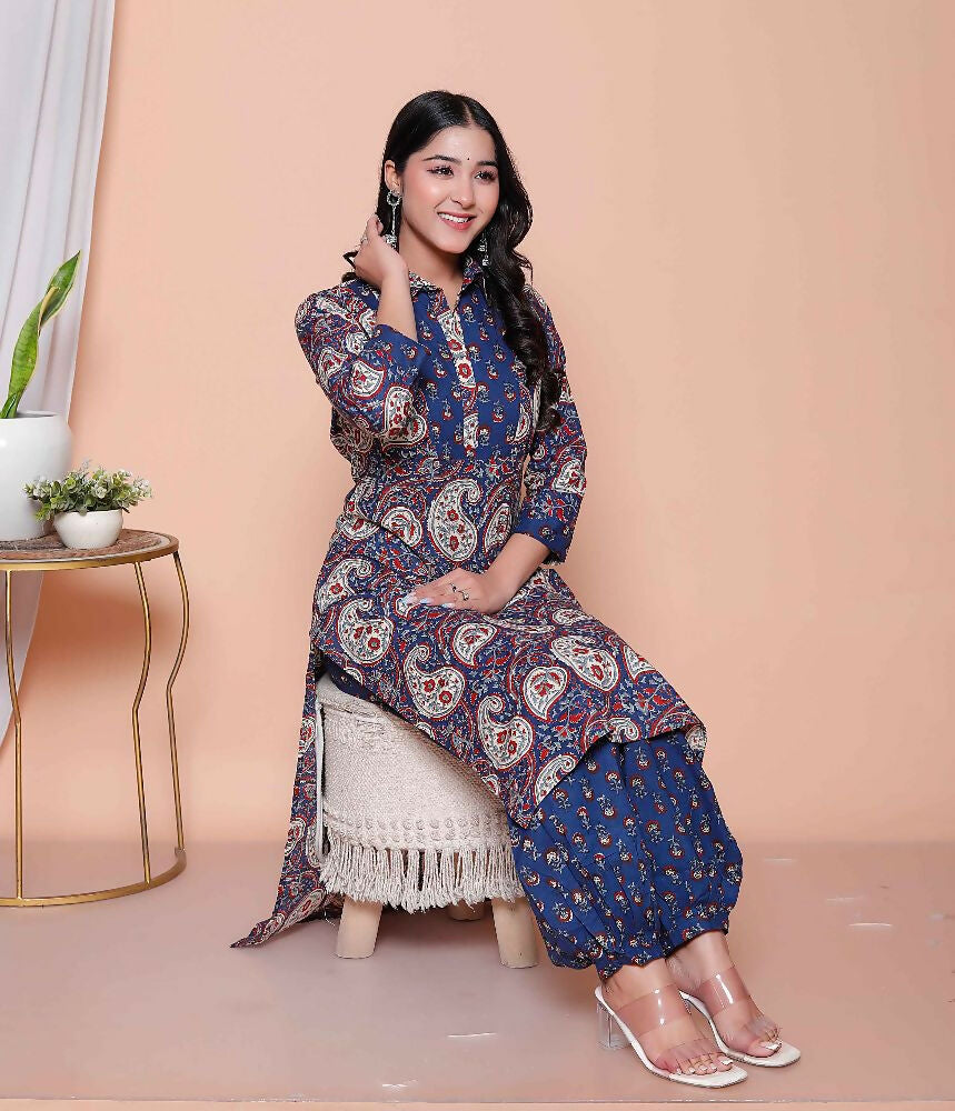 Miravan Womens Cotton Floral Printed Shirt-Collar Straight Kurta And Palazzo Set | Grocsy