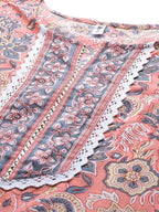 Yufta Peach Hand Block Printed Kurta with Trouser and Dupatta | Grocsy