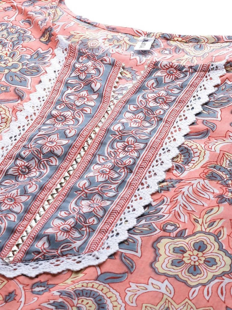 Yufta Peach Hand Block Printed Kurta with Trouser and Dupatta | Grocsy