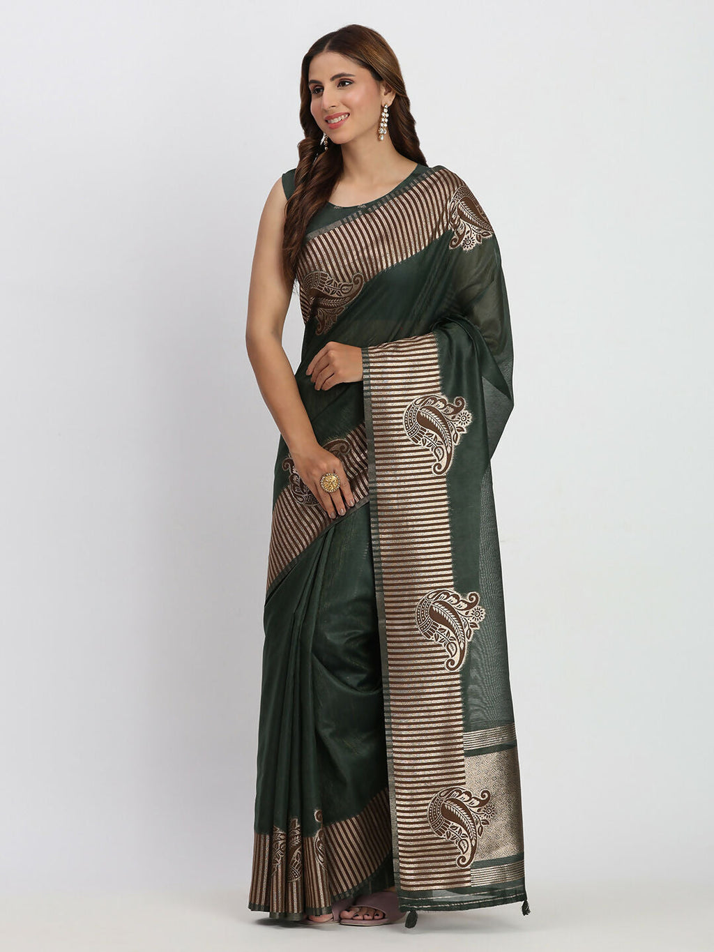 Shree Shyam Fashion Linen Cotton Dark Green Saree | Grocsy