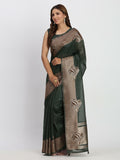 Shree Shyam Fashion Linen Cotton Dark Green Saree | Grocsy