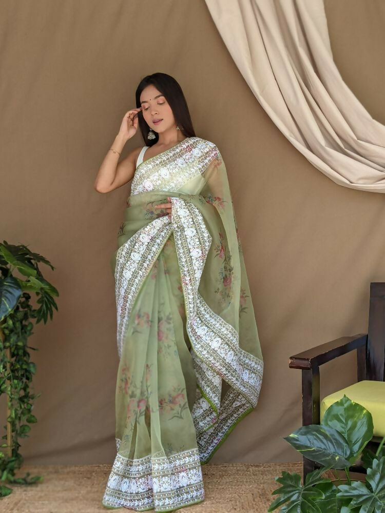 Vamsee White Border Green Organza Saree | Grocsy