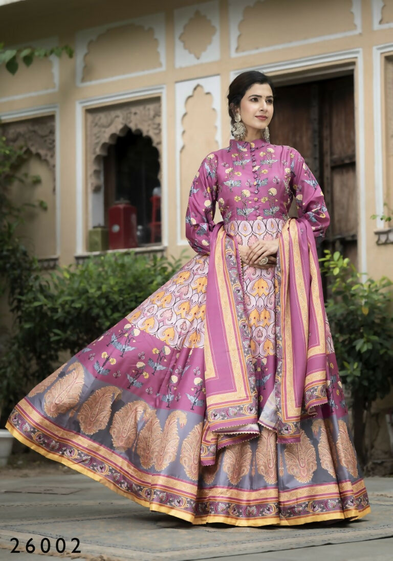 Wedding Designer Purple Soft Dola Silk Anarkali suit with Dupatta - Samanta | Grocsy