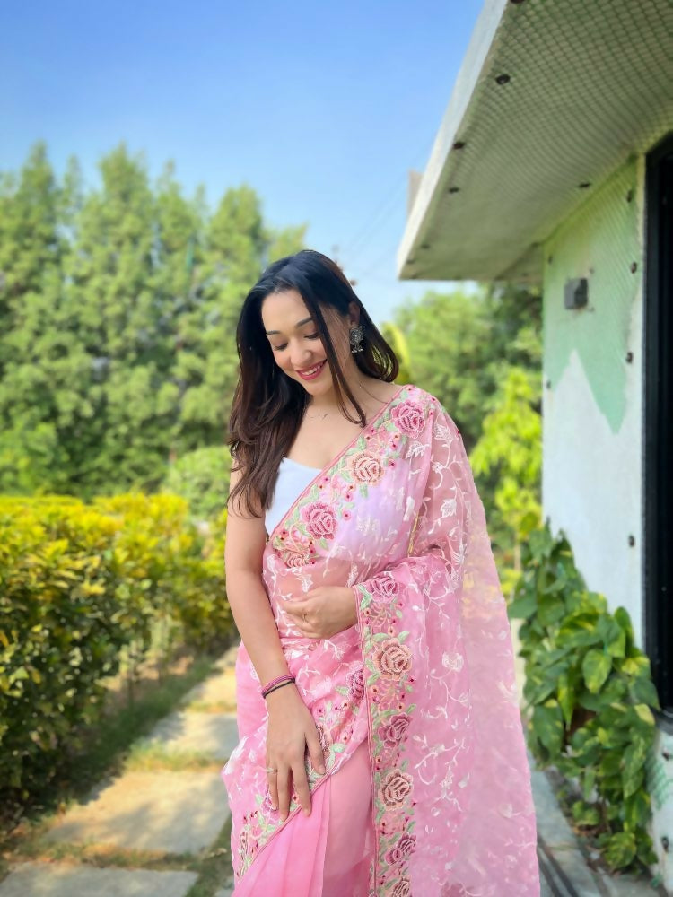 Vamsee Zoya Baby Pink Organza Silk Saree | Grocsy