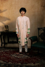 Falling Raw Silk Peach Gajavana Kurta Set By Hilo Design | Grocsy