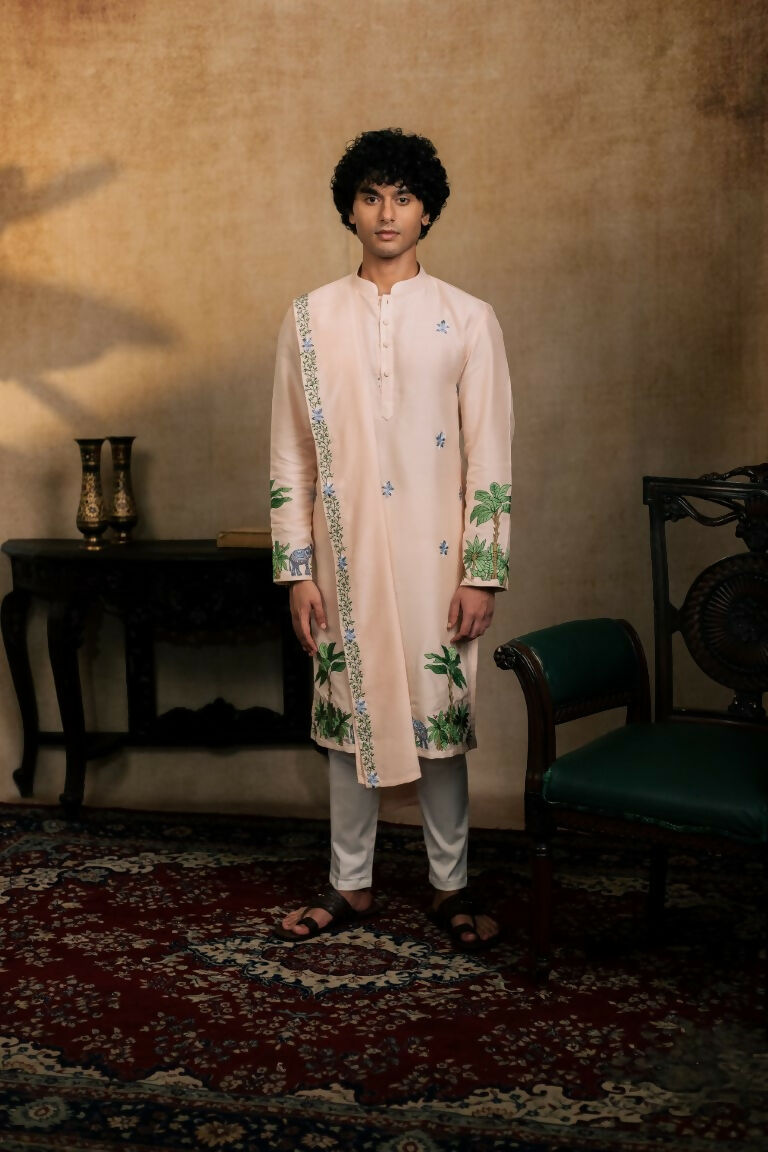 Falling Raw Silk Peach Gajavana Kurta Set By Hilo Design | Grocsy