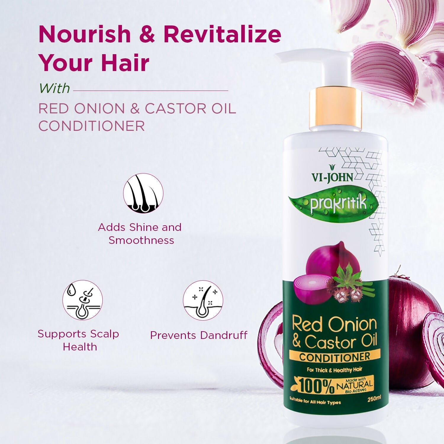 VI-JOHN Prakritik Red Onion & Castor Oil Conditioner to Prevent Dry Hair, 100% Natural Bio Actives | Grocsy