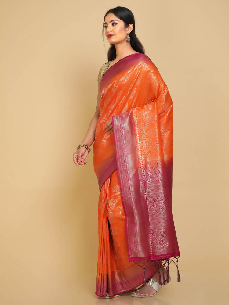 Kalamandir Ethnic Motifs Orange Silk Blend Saree | Grocsy