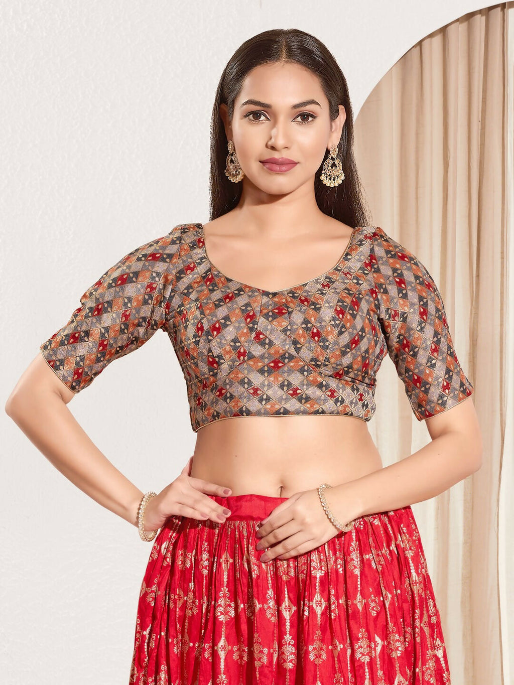 Joban Fashion Grey Jacquard Padded Blouse With Round Neck Elbow Sleeves | Grocsy