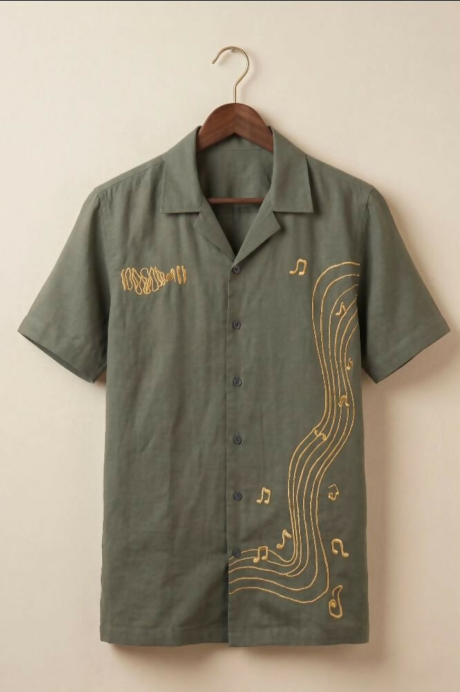 Echo — Green Music Embroidered Cotton Shirt by Hilo Design | Grocsy
