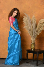 Very Much Indian Fusion Cotton Tissue Shimmer Saree - Light Blue | Grocsy