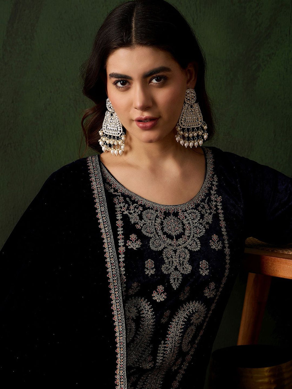 Sangria Floral Embroidered Straight Kurta & Trousers With Dupatta | Grocsy