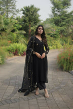 Jyoti Fashion Women's Black Faux Blooming Embroidered Kurta with Trouser & Dupatta | Grocsy