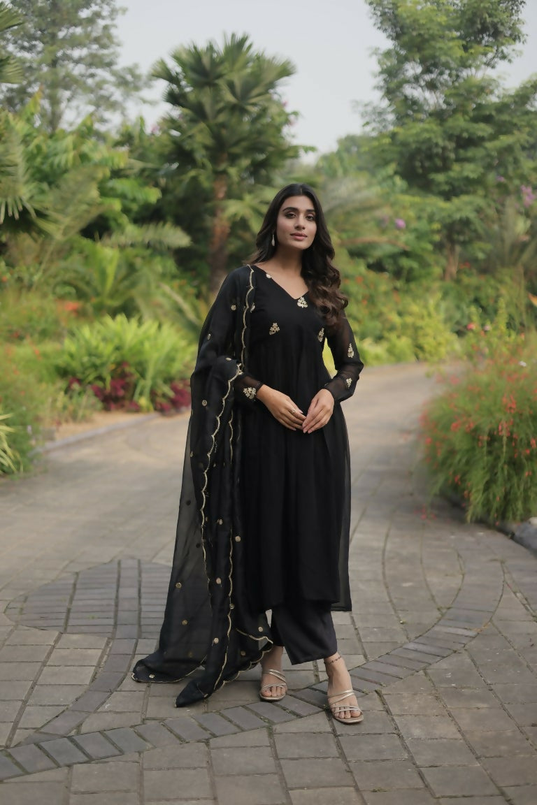 Jyoti Fashion Women's Black Faux Blooming Embroidered Kurta with Trouser & Dupatta | Grocsy